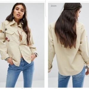 Free People Harley Embroidered Floral Flower Corduroy Shirt size Medium